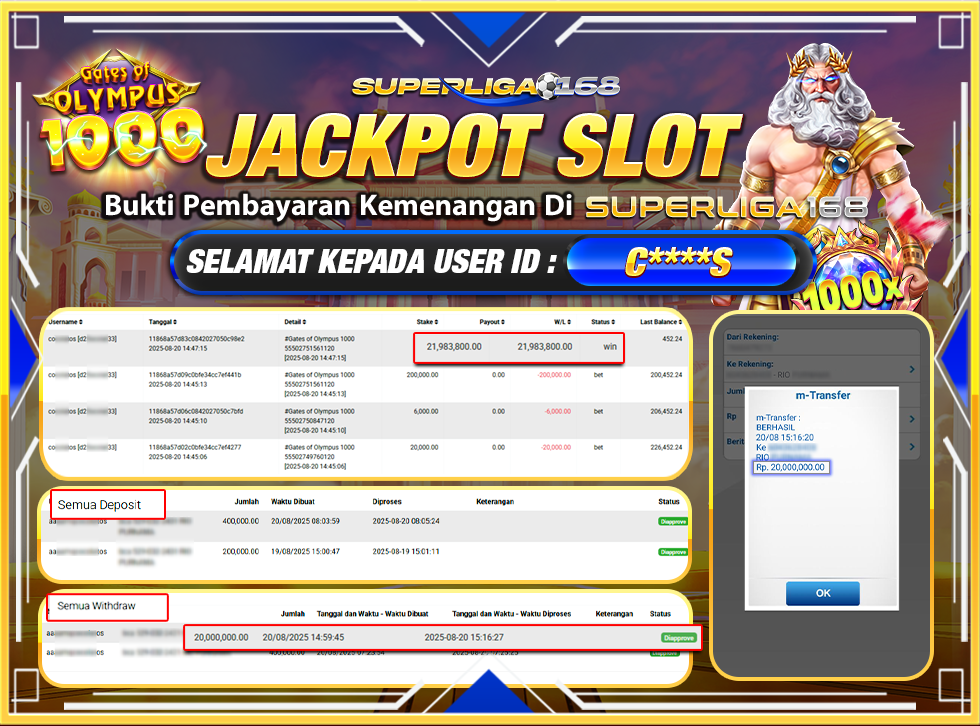 SUPERLIGA168 JACKPOT GATES OF OLYMPUS 1000 Rp.20,000,000-LUNASS