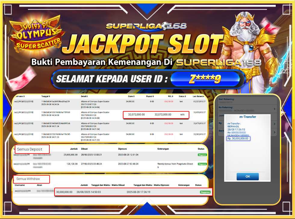 SUPERLIGA168 JACKPOT GATES OF OLYMPUS SUPER SCATTER Rp.30,000,000-LUNASS