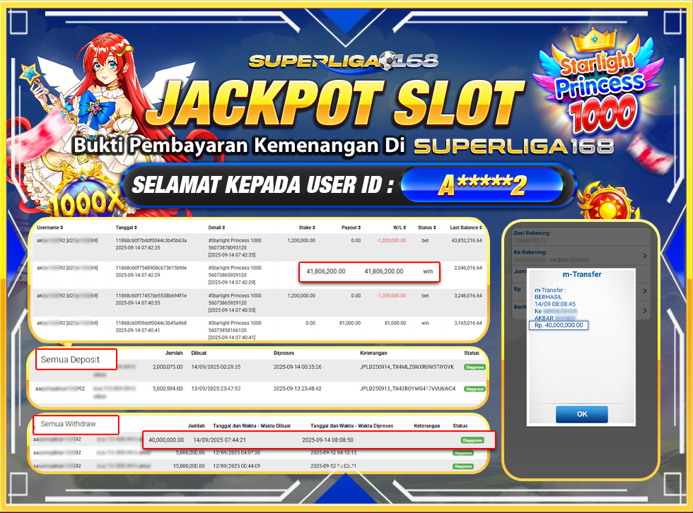 SUPERLIGA168 JACKPOT STARLIGHT PRINCESS 1000 Rp.40,000,000-LUNASSSs