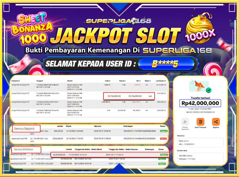 SUPERLIGA168 JACKPOT SWEET BONANZA 1000 Rp.42,000,000-LUNASSSSS