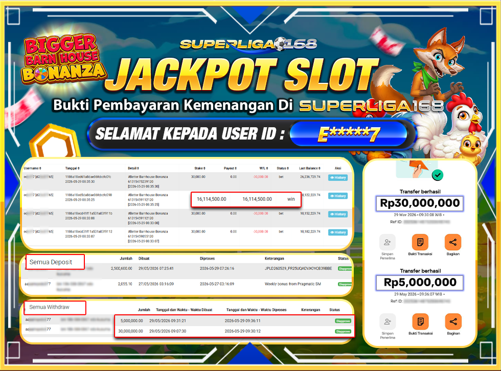SUPERLIGA168 JAACKPOT BIGGER BARN HOUSE BONANZA Rp.35,000,000LUNAS