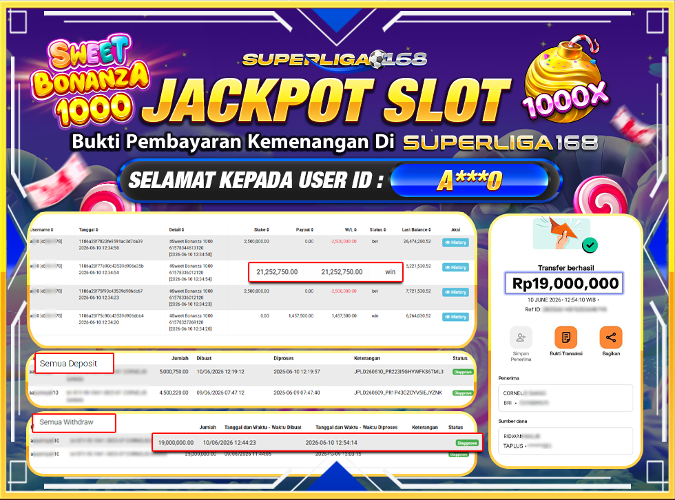 SUPERLIGA168 JACKPOT SWEET BONANZA 1000 Rp.19,000,000LUNASSS