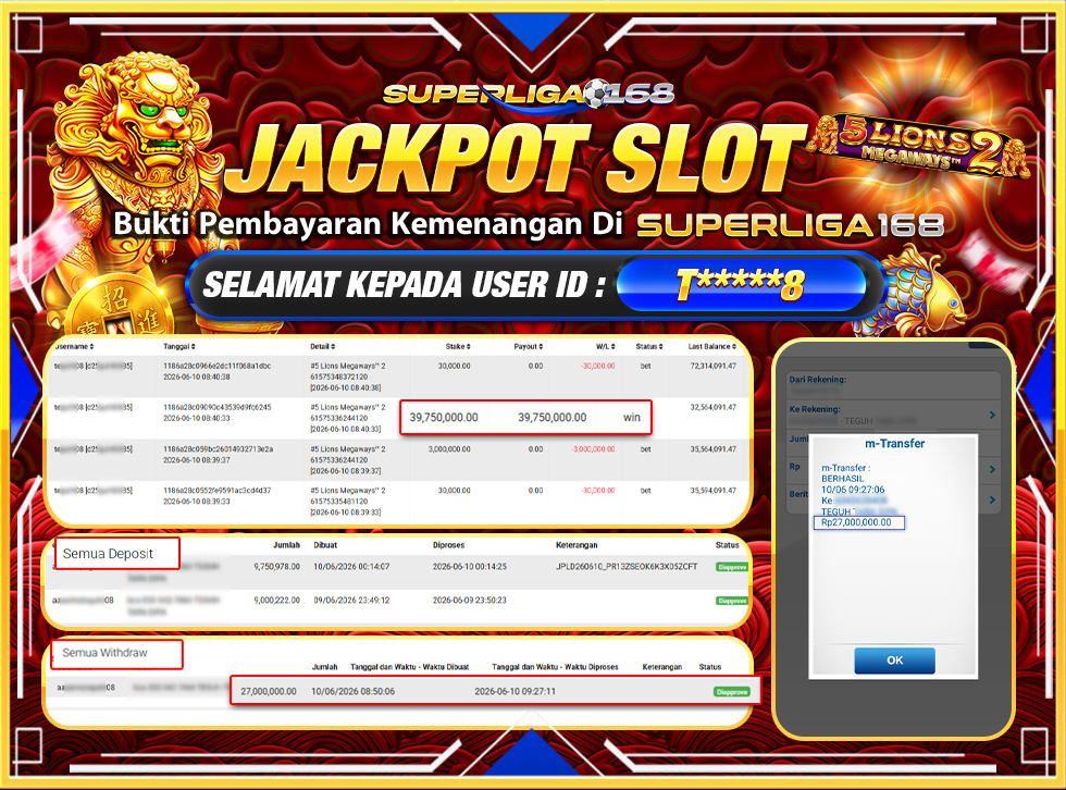 SUPERLIGA168 JACKPOT 5 LIONS MEGAWAYS 2 Rp.27,000,000LUNASSS