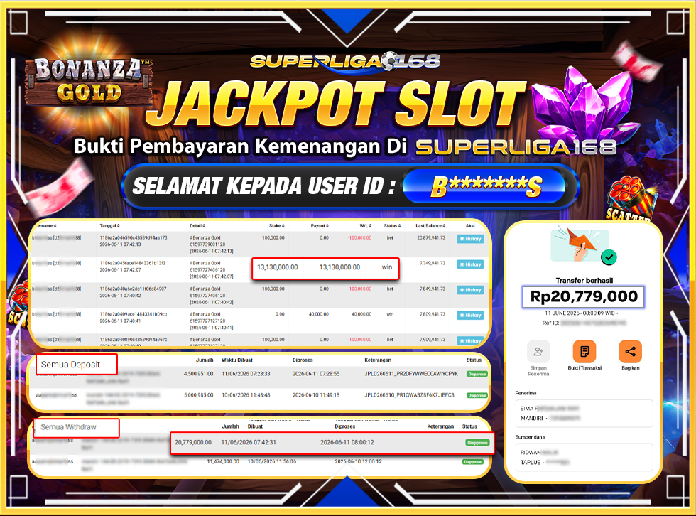 SUPERLIGA168 JACKPOT BONANZA GOLD Rp.20,779,000LUNASSS